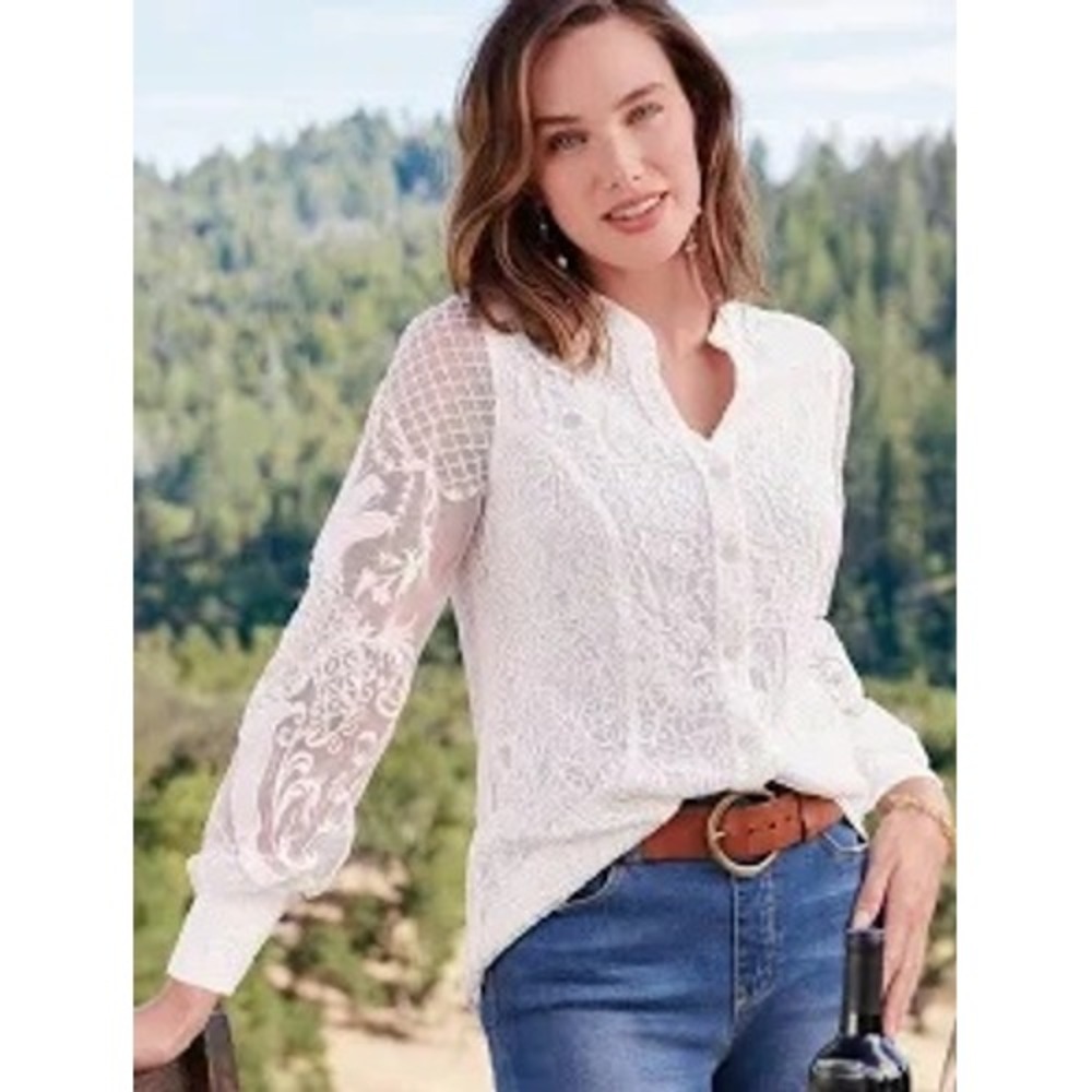 Soft Surroundings Fiori women PS white lace long sleeve blouse Ethereal boho